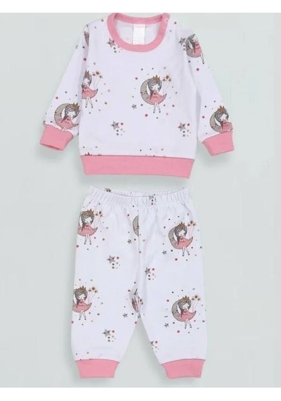 Breeze Kız Bebek Desenli Pamuklu Pijama Takım-15340 Beyaz