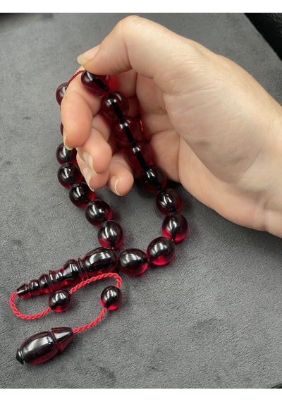 Efe Boy Sistemli İri Tane Koyu Vişne Ateş Kehribar Tesbih 13x15 Mm Bordo
