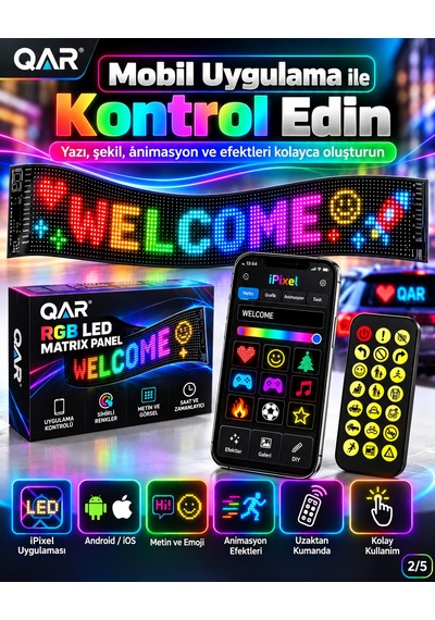 Led Matrix Panel Bluetooth Telefon Kontrollü Programlanabilir Yazı Resim Animasyon Gösteren Rgb Led Ekran Panosu Siyah