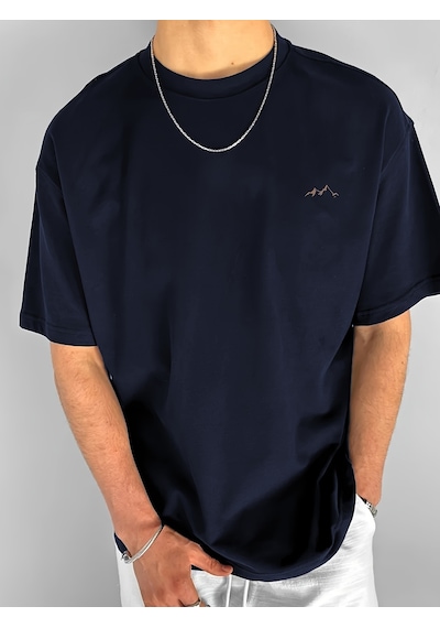 Unisex Dağ Baskılı Oversize Tshirt Lacivert