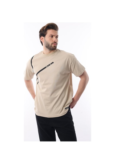Madmext Bej Bisiklet Yaka Şerit Detaylı Pamuklu Erkek T-shirt E7033 Bej
