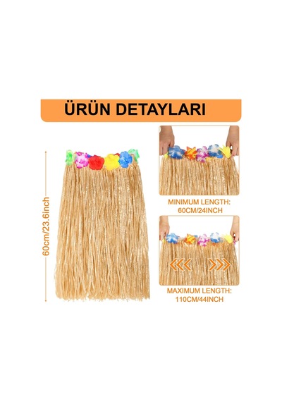 Hawaii Tarzı Hula Eteği 60 Cm Hasır Naturel Etek Bx40 Açık Gri