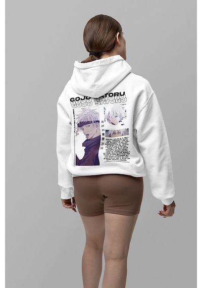 Anime Karakter Gojo Satoru Baskılı Unisex Oversize Jujutsu Kaisen Beyaz