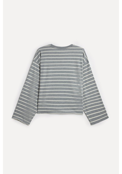 Mudo Kadın Kadın Gri Melanj Çizgili Loose Fit Bisiklet Yaka Sweatshirt 1271472