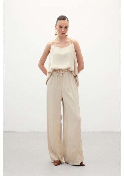Sateen Bağcıklı Salaş Pantolon - Bej-136384 Bej