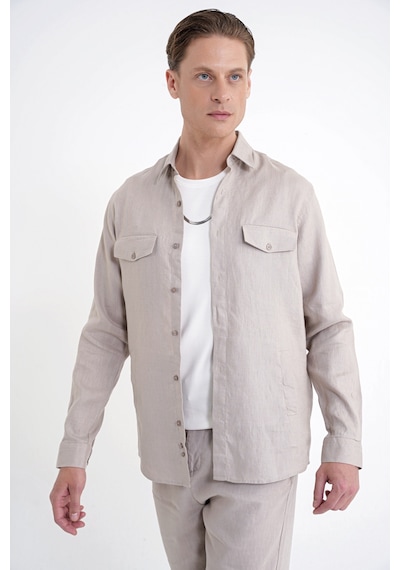 Comfort Fit Yan Cepli %100 Keten Taş Gömlek Ceket G 1602 Comfort Fit Yan Cepli %100 Keten Taş Gömlek Ceket G 1602