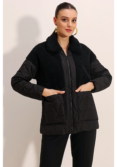 Bigdart 5182 Peluş Detaylı Oversize Şişme Mont - Siyah
