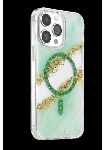 Onegif Apple iPhone Uyumlu 15 Pro Max Lotus Simli Magsafe Kapak - Yeşil Bz8683140940454