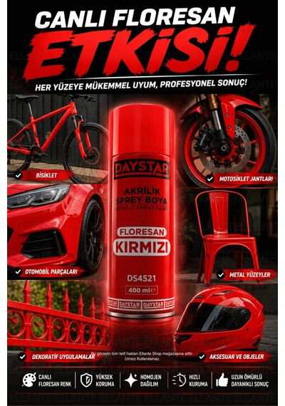 Daystar Floresan Kırmızı Akrilik Sprey Boya 400 Ml Hızlı Kuruyan Çok Amaçlı Metal, Ahşap, Plastik Çok Renkli