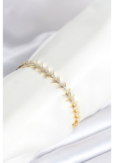 Pirinç Gold Renk Balık Sırtı Model Zirkon Taşlı Kadın Bileklik Altın