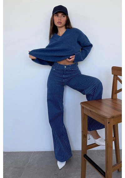 Lacivert Çizgili Kadın Jean Pantolon Mg2463