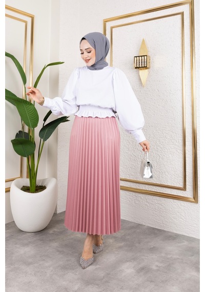 Hira Life Fashion Kadın Tesettür Giyim Ve Deri Görünümlü Beli Lastik Detayı İle Piliseli Uzun Etek Gül Gül Hira Life Fashion Kadın Tesettür Giyim Ve Deri Görünümlü Beli Lastik Detayı İle Piliseli Uzun Etek Gül Gül