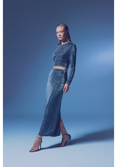 Sateen Simli Midi Etek - Antrasit-135383 Antrasit