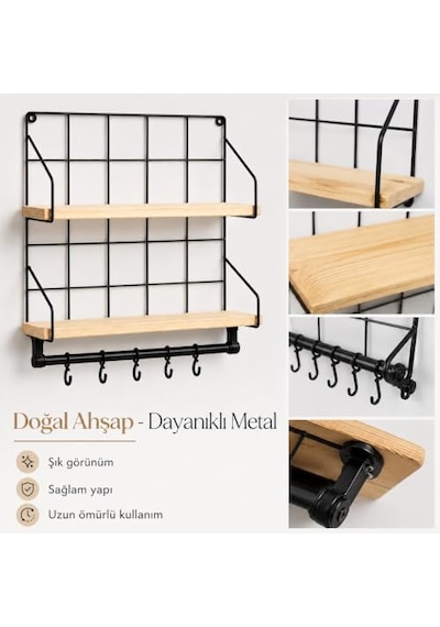 Tr Mutfak Rafı - 2 Katlı Baharatlık Ve 6'li Kupa Askısı - Duvar Tipi Metal Ahşap Mutfak Düzenleyici - 40x30x10 Cm Diğer