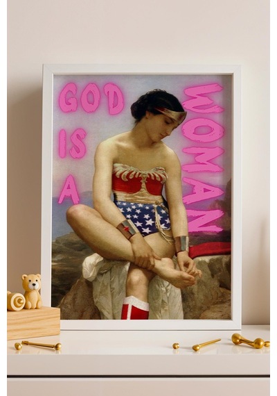 God Is A Woman Çerçeveli Tablo Vintage Görünümlü Feminist Duvar Sanatı Altered Art