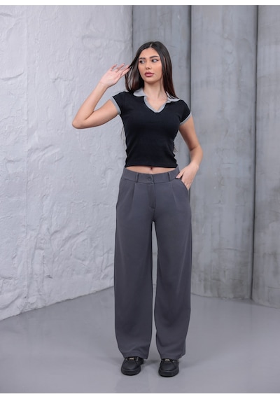 Myrab Denim Kadın Siyah Yüksek Bel Palazzo Pantolon Geniş Paça Krep Kumaş Rahat Kalıp Günlük Şık Pantolon Gri