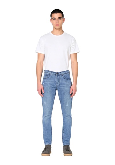 Ersefa Erkek Slim Fit Yırtık Detaylı Denim Pantolon Açık Fonksiyonel Day Açık Mavi