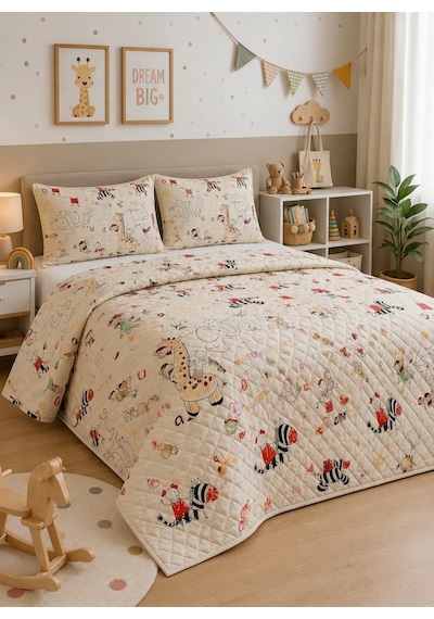 Çift Kişilik Kapitone Dolgulu Safari Desen Pike 4 Mevsim 2 Adet Yastık Kılıfı Dahil 200x230cm Bej