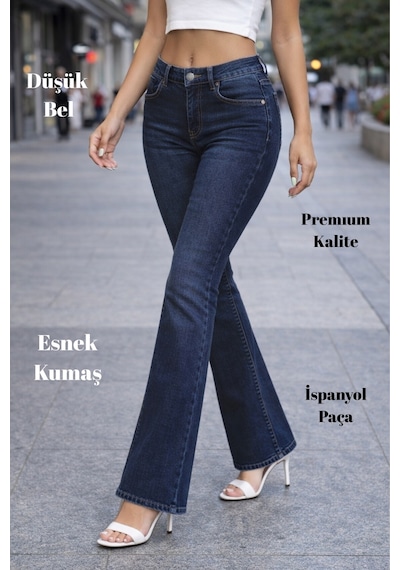 Cedy Denım Yüksek Kalite Kadın 5 Cep Düşük Bel İspanyol Paça Skinnyfit Esnek Jean Pantolon C619 Lacivert