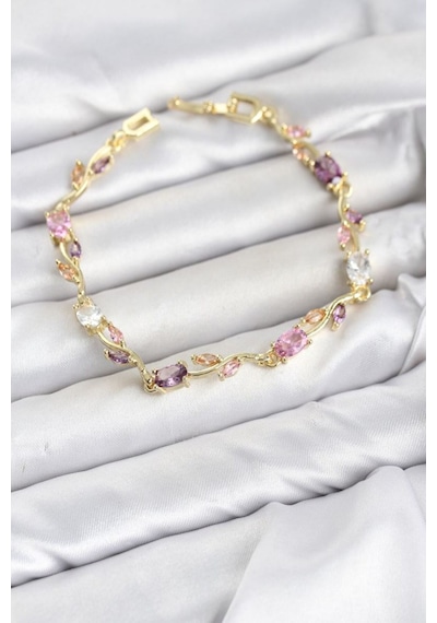 Pirinç Gold Renk Pembe Ve Mor Zirkon Taşlı Çiçek Model Kadın Bileklik Tj-bb8585 Metal