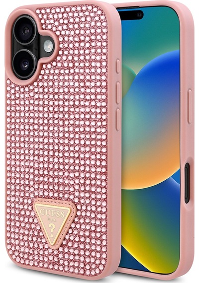 Apple Uyumlu iPhone 16 Plus Kılıf Guess Lisanslı Üçgen Logolu Taşlı Kapak Pembe