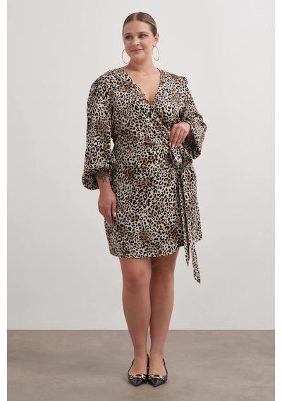 Myline Beli Kuşaklı Leopar Elbise-2571 Kahverengi