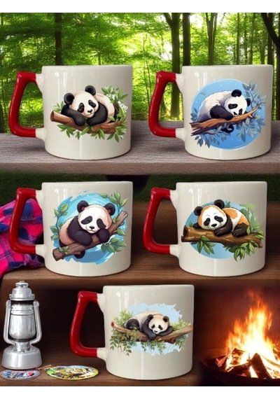 Panda Baskılı 5'li Kupa Bardak - Hediyelik Eşya Ürün Seramik Kupa Bardak Hediye Beyaz