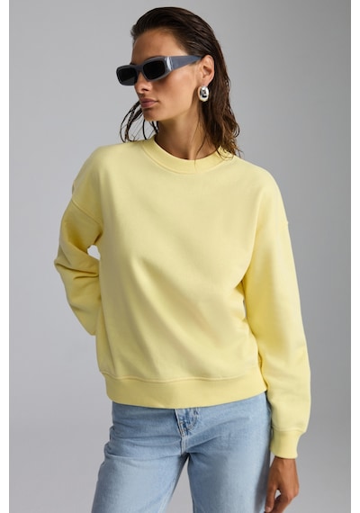 Grimelange Vaneltına Kadın Içi Polarlı 3 Iplik Organik Pamuk Oversize Basic Bisiklet Yaka Sarı Sweatshirt