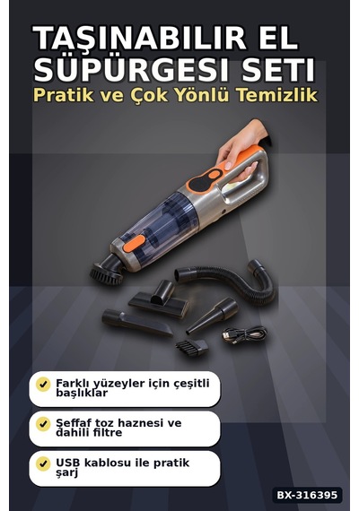 Araç İçi El Süpürgesi Şarjlı Usb Kablolu Esnek Hortumlu Temizlik Seti Bx-316395 Diğer