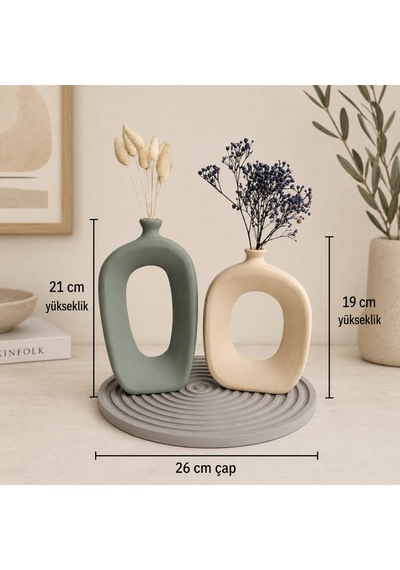Momiko El Yapımı Modern Bohem Beton Vazo Seti Dekoratif Kemerli İkili Vazo & Yuvarlak Altlık Premium Seri Adaçayı-bej-vizon