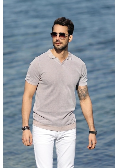 Ferraro A.Bej/Beyaz Kuşgözü Desenli Polo Yaka Erkek Triko T-Shirt-Bej