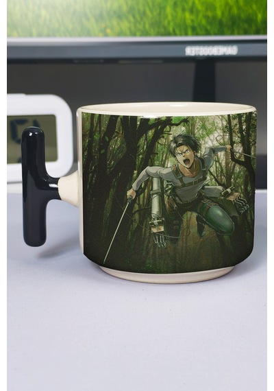 Levi Ackerman Anime Baskılı Seramik Lüks Kupa 1 Adet T Şeklinde Özel Siyah Kulp Dalga Kulp V2t Çok Renkli