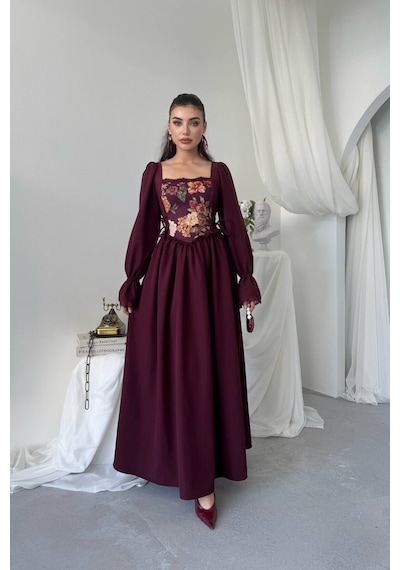Nils Boutique Vintage Korsajlı Midi Elbise Bordo