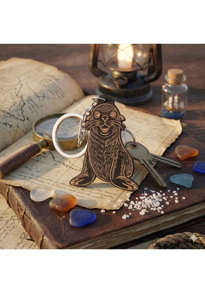 Ahşap Fok Balığı Anahtarlık - Sevimli Kaliforniya Deniz Aslanı Çanta Süsü 5x4 Cm Siyah