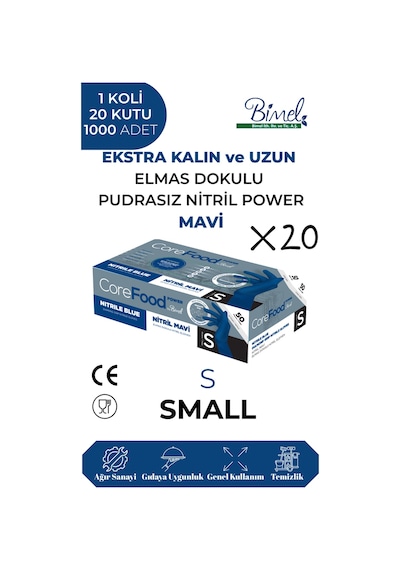 Nitril Mavi Power Pudrasız Muayene Eldiveni S- 1 Koli-20 Paket-1000'li