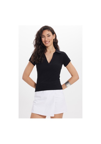 Tudors Kadın Slim Fit Dar Kesim Pamuklu Kısa Kollu Siyah Polo Yaka Tişört-50673