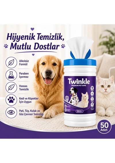 Twinkle Kedi Köpek Islak Mendil 50 Adet - Pati Tüy Kulak Ve Göz Çevresi Temizliği - Alkolsüz Parabensiz Hijyenik Mendil