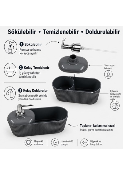Kabakoz Sünger Hazneli Sıvı Sabunluk, Bulaşık Fırçası Standı, Kolay Doldurulur Deterjan, Mutfak İçin Tezgah Diğer