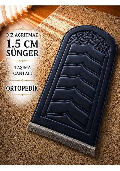 Diz Dostu Seccade Ortopedik Süngerli 1.5 Cm Kalın Kadife Namazlık Çanta Hediyeli Lacivert