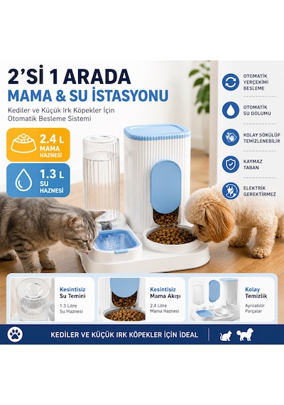 2'si 1 Arada Hazneli Kedi Ve Köpek Mama Kabı & Su Sebili 2.4 L Mama Haznesi 1.3 L Su Haznesi