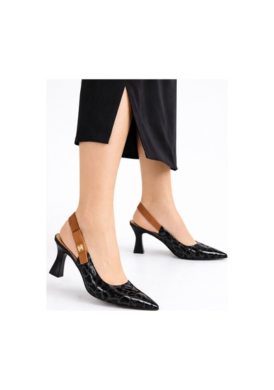 Dadwolf Kadın Slingback Topuklu Ayakkabı Sivri Burun 5,5 Cm Orta Topuk Bantlı Zarif Günlük Ofis Stiletto Siyah Siyah