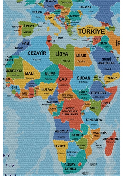 Duvar Örtüsü / Halısı Detaylı Güncel Türkçe Dünya Haritası Kaliteli Kanvas Kumaş-3974