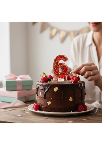 Turuncu Simli Pasta Mumu Doğum Günü Mum 6 Yaş