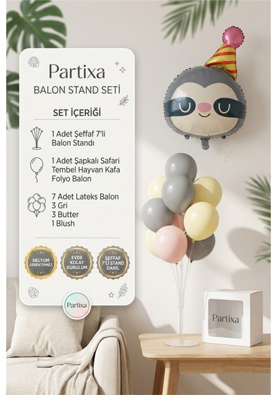 Şapkalı Safari Tembel Hayvan Kafa Balon Stand Seti Şeffaf 7 Li Stand + Tembel Hayvan Folyo Balon + 7 Lateks Balon