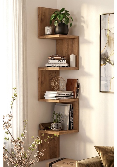 Yurudesign Shelf R9 Köşe Duvar Rafı Modern Kitaplık Atlantik Çam