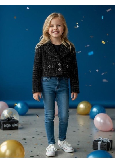 Zekids Kız Çocuk Tüvit Simli Crop Ceket-16432 Siyah