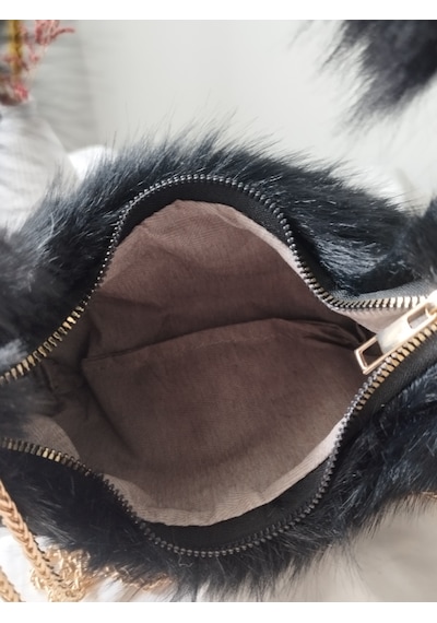 Vivazzaluxe Vintage Peluş Kürk Model Sonbahar, Kış Tote Bag Kadın El, Omuz, Çapraz Çanta Siyah