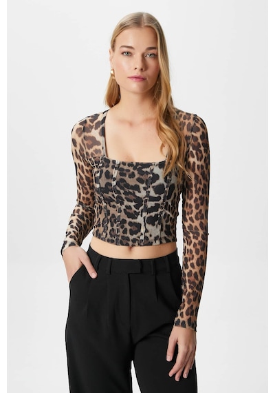 Ritnice Kadın Alina Korse Görünümlü Leopar Tül Crop Bluz LEOPAR