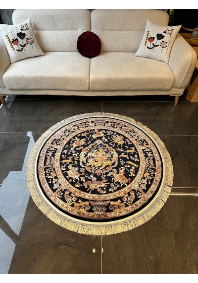 Orfe İpek Tuşeli Halı Salon Halısı, Oturma Odası Halısı, Antre Giriş Halısı Yuvarlak Lacivert