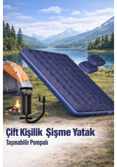 Nivego Çift Kişilik Şişme Yatak Dahili Pompalı 203x152x22cm Kamp & Ev Kullanımı İçin Delinmeye Ve Kesilmeye Dayanıklı Lacivert